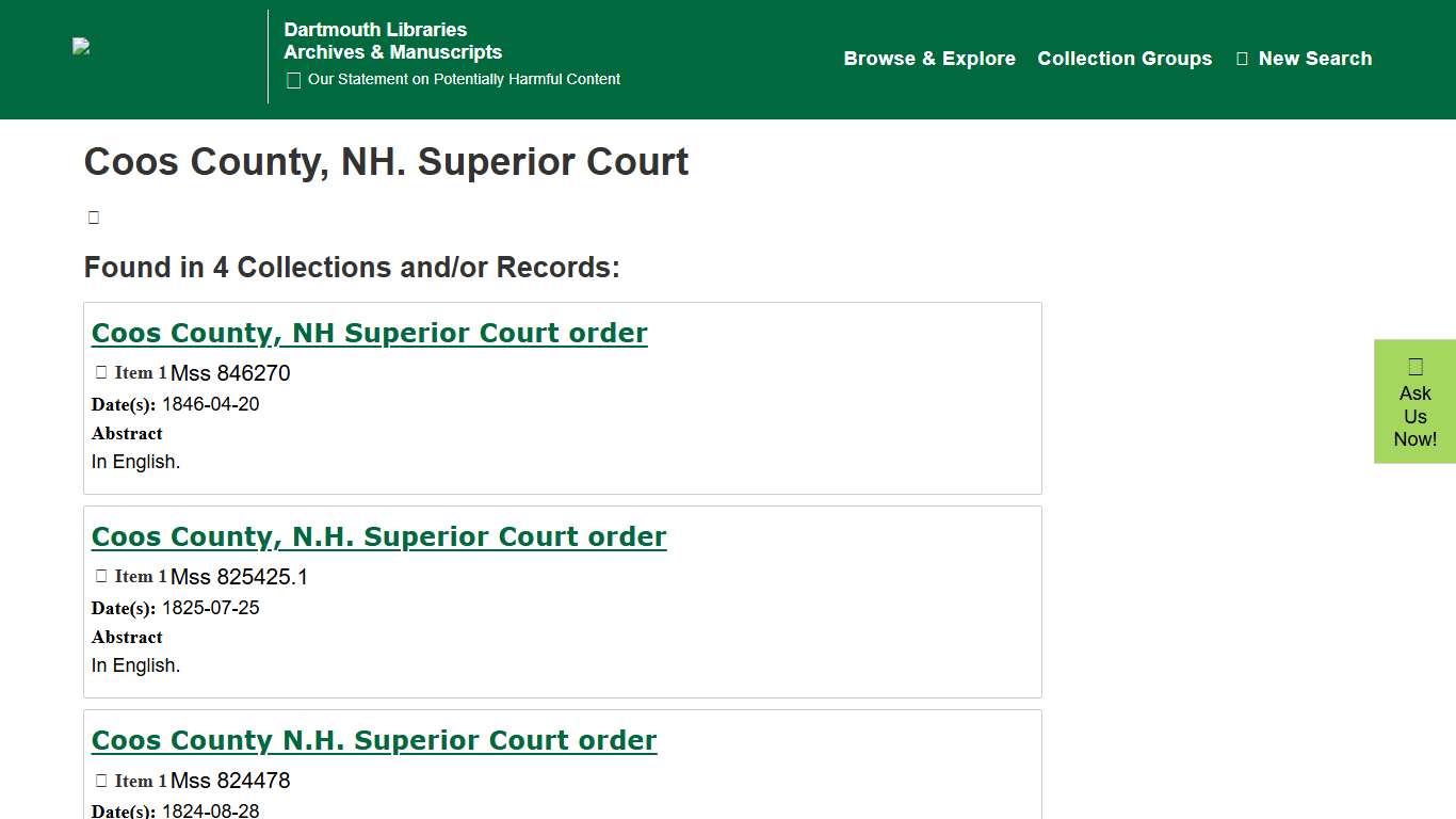 Coos County, NH. Superior Court | Dartmouth Libraries Archives & Manuscripts
