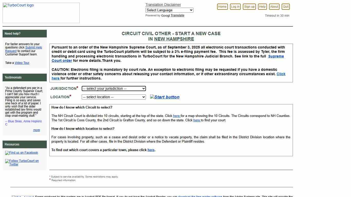 TurboCourt - Legal Paperwork Assistance - Select filing location in New Hampshire - Circuit Civil Other - Start a New Case